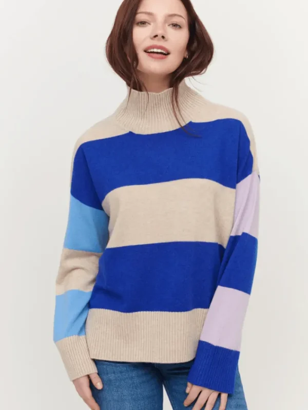 u0026 Isla Knitwear | Gifts Under £250^& Isla Sadie Colourblock Oatmeal/Multi Stripe Funnel Cashmere Jumper I