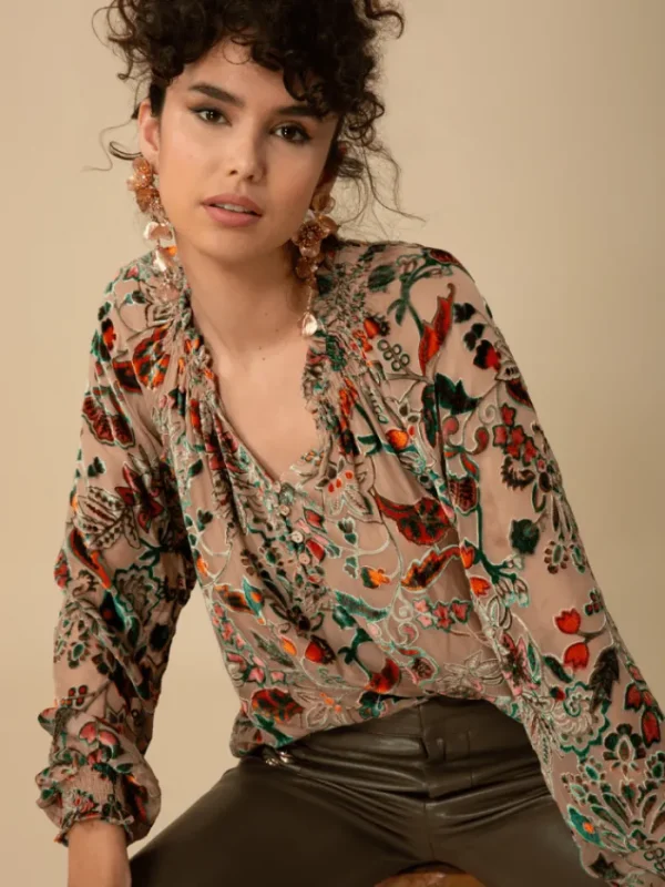 Hale Bob Party Wear | Tops^LIANI Velvet Burnout Silk Blend Blouse In Beige 47DY224A
