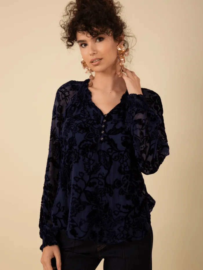 hale_bob_liani_velvet_bur_0.webp Hale Bob Party Wear | Tops^LIANI Velvet Burnout Silk Blend Blouse In Navy 47DY224S