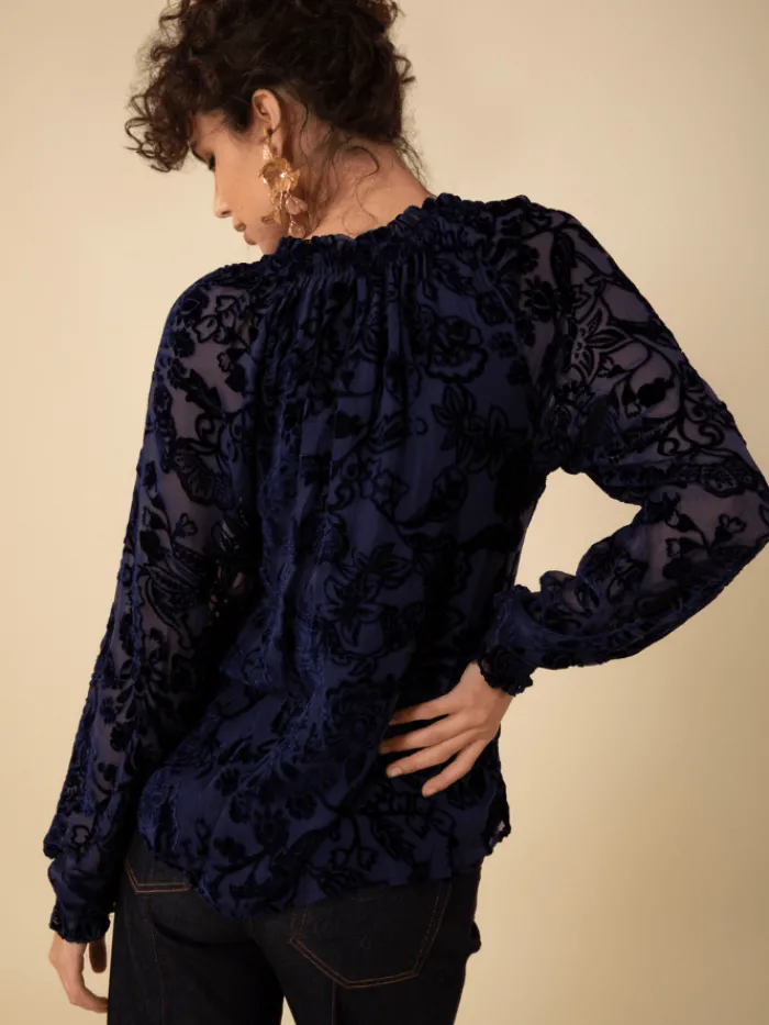 hale_bob_liani_velvet_bur_1.webp Hale Bob Party Wear | Tops^LIANI Velvet Burnout Silk Blend Blouse In Navy 47DY224S