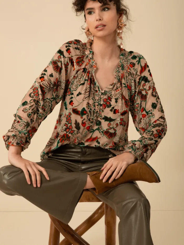 hale_bob_liani_velvet_bur_2-1.webp Hale Bob Party Wear | Tops^LIANI Velvet Burnout Silk Blend Blouse In Beige 47DY224A