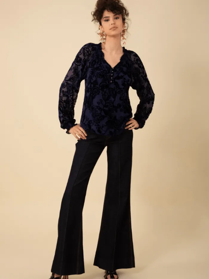 hale_bob_liani_velvet_bur_2.webp Hale Bob Party Wear | Tops^LIANI Velvet Burnout Silk Blend Blouse In Navy 47DY224S