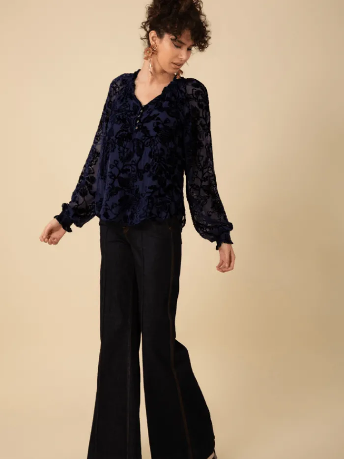 hale_bob_liani_velvet_bur_3.webp Hale Bob Party Wear | Tops^LIANI Velvet Burnout Silk Blend Blouse In Navy 47DY224S