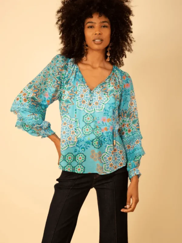 Hale Bob Tops | Gifts Under £250^LILITH Turquoise With Print Top H43EK220A Col TUR