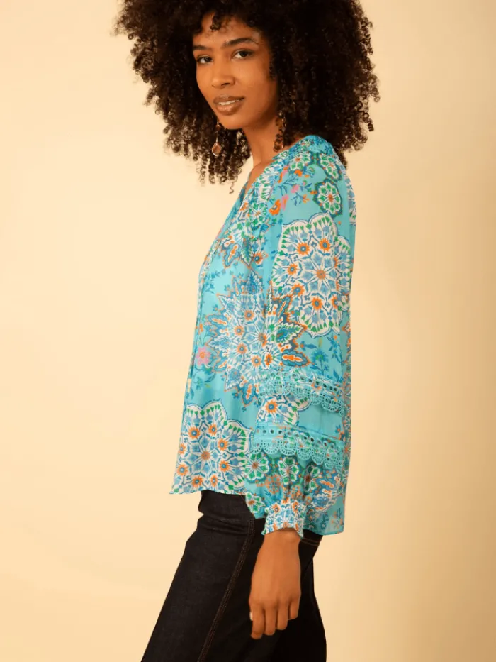 hale_bob_lilith_turquoise_3.webp Hale Bob Tops | Gifts Under £250^LILITH Turquoise With Print Top H43EK220A Col TUR
