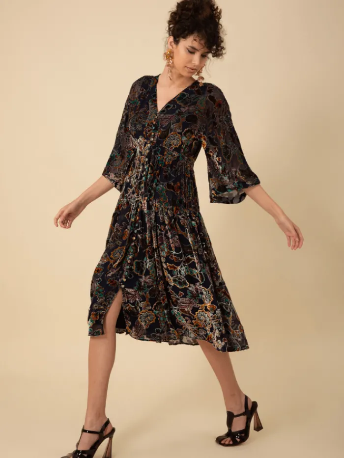 hale_bob_raven_velvet_bur_1.webp Hale Bob Dresses | Party Wear^RAVEN Velvet Burnout Midi Dress In Navy 47DY620A