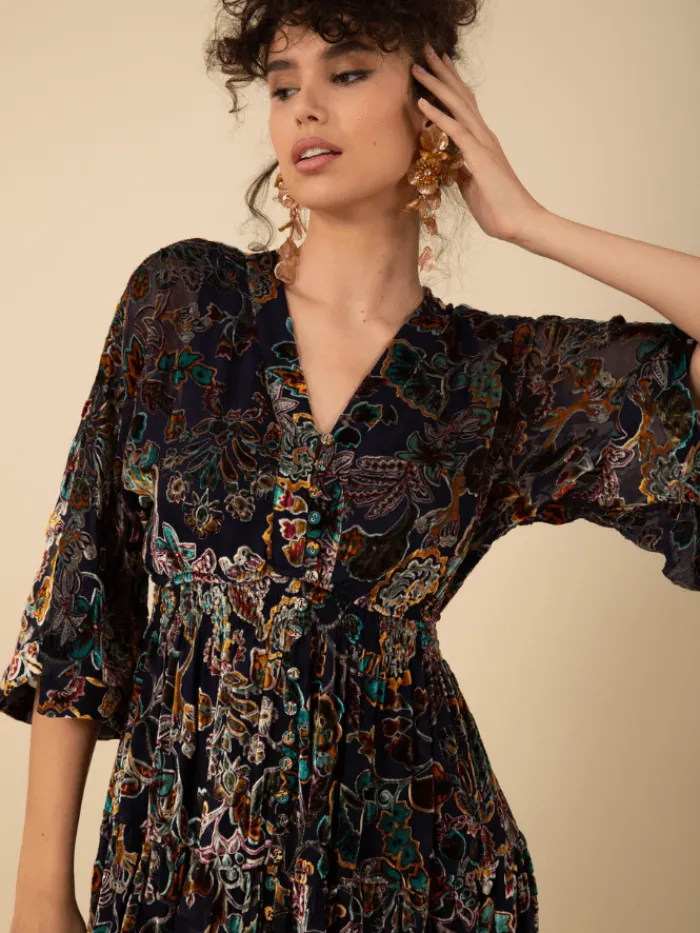 hale_bob_raven_velvet_bur_2.webp Hale Bob Dresses | Party Wear^RAVEN Velvet Burnout Midi Dress In Navy 47DY620A