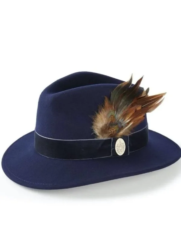 Hicks and Brown Gifts Under £100 | Hats & Hair Accessories^T Chelsworth Fedora Navy Velvet Coque and Pheasant Fea