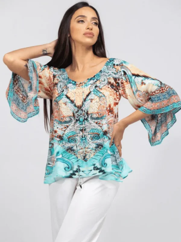 Inoa Tops | Beachwear^Gold Coast Printed Silk BOHO Top with Crystals 206