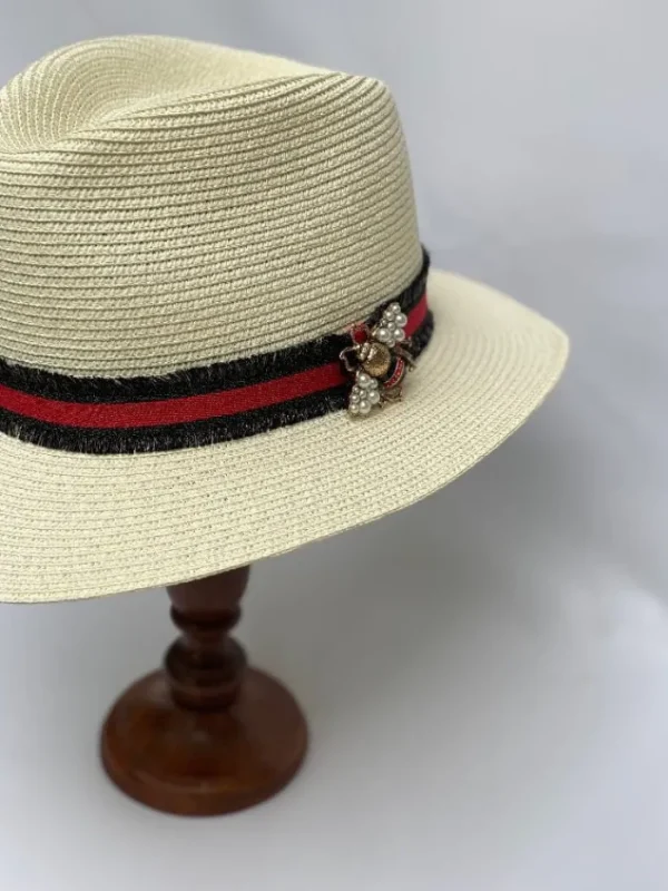 Izzi Hats Hats & Hair Accessories | Gifts Under £50^Izzi Accessories Cream Summer Fedora Hat With Black and Red Fringe Rib