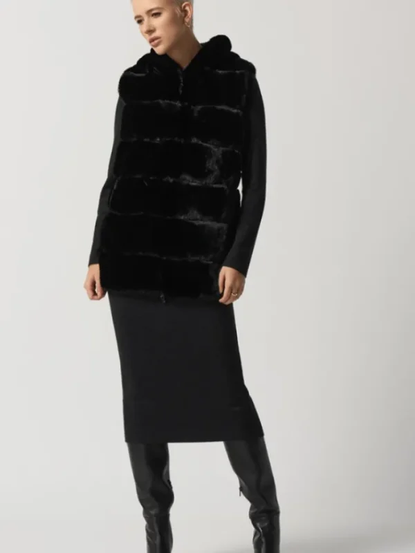 Joseph Ribkoff Coats And Jackets | Faux Fur Edit^Black Faux Fur Hooded Gilet/Vest 233921 Col 11