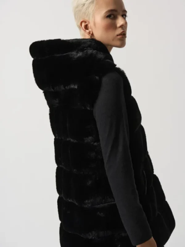 Joseph Ribkoff Coats And Jackets | Faux Fur Edit^Black Faux Fur Hooded Gilet/Vest 233921 Col 11
