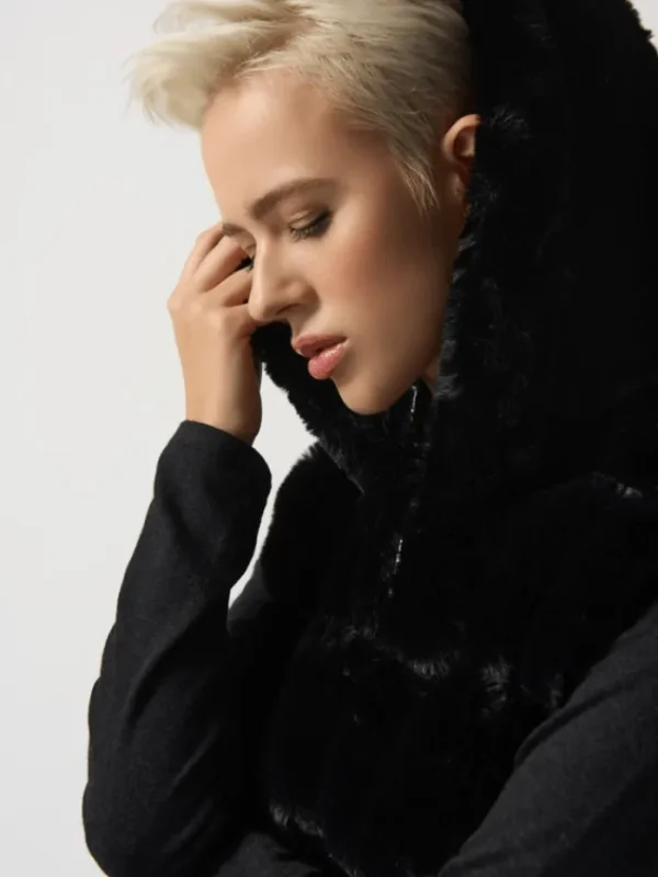 Joseph Ribkoff Coats And Jackets | Faux Fur Edit^Black Faux Fur Hooded Gilet/Vest 233921 Col 11