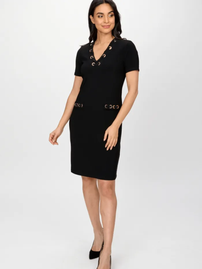 joseph_ribkoff_black_silk_0-1.webp Joseph Ribkoff Dresses | Gifts Under £250^Black Silky Knit Shift Dress With Eyelets 241012 Col 11