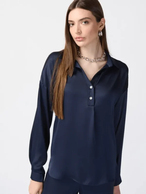 Joseph Ribkoff Tops | Gifts Under £250^Long Sleeve Satin Shirt In Midnight Blue 241242 Col 216