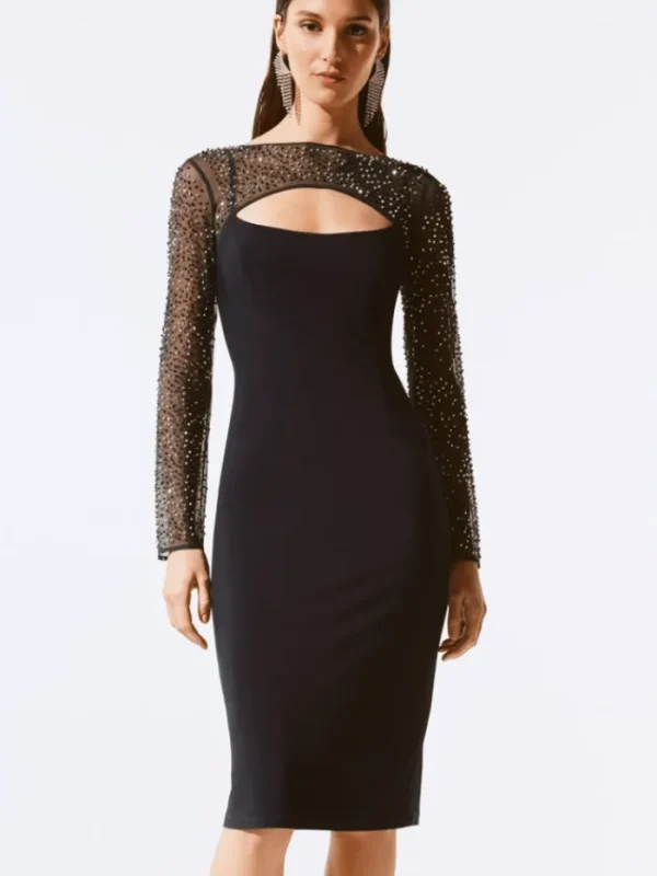 Joseph Ribkoff Party Wear | Dresses^Silky Knit And Mesh Sheath Black Dress 243730 Col 11