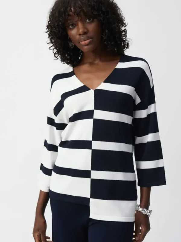 Joseph Ribkoff Knitwear | Gifts Under £250^Women's Striped Sweater Knit V Neck Jumper 251914 Col 2