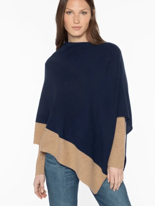 KINROSS Knitwear | Loungewear^Cashmere Contrast Trim Poncho In Navy And Camel LFAC4-264