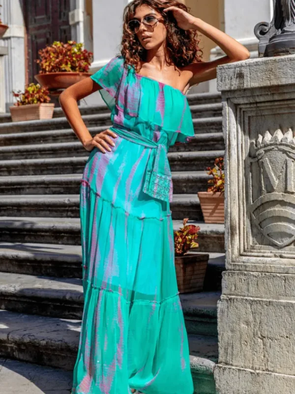 Lindsey Brown Resortwear Dresses | Beachwear^Lindsey Brown Mykonos Silk Chiffon Maxi Dress In Aqua And Pink