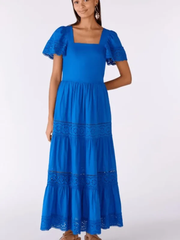 Oui Dresses | Gifts Under £100^Broderie Anglaise Tie Back Maxi Dress in Cotton in Azur Blue 78593