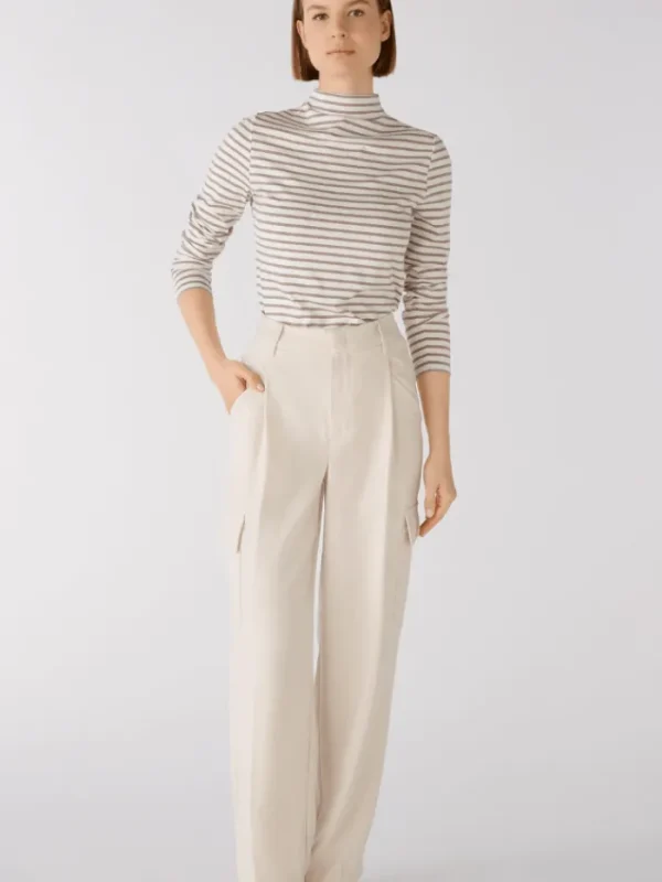 Oui Tops | T-Shirts^Long Sleeved White And Brown Striped Knitted T Shirt 79534 Col 108