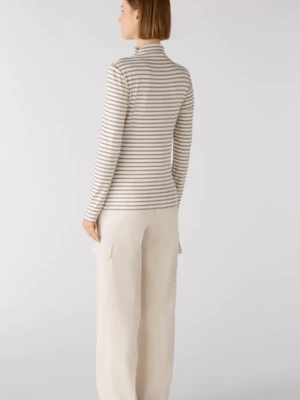 Oui Tops | T-Shirts^Long Sleeved White And Brown Striped Knitted T Shirt 79534 Col 108