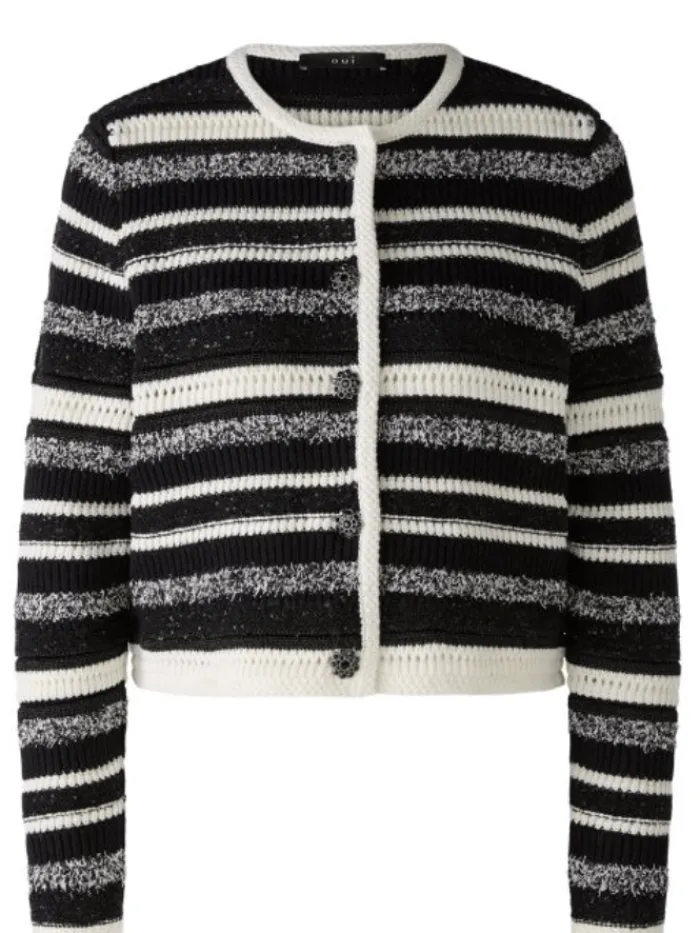 oui_womens_cardigan_in_bl_0.webp Oui Knitwear | Gifts Under £250^Women's Cardigan In Black And White Stripes 90616 Col 0109