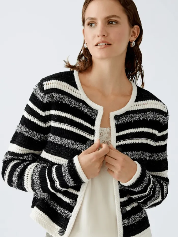 oui_womens_cardigan_in_bl_1.webp Oui Knitwear | Gifts Under £250^Women's Cardigan In Black And White Stripes 90616 Col 0109