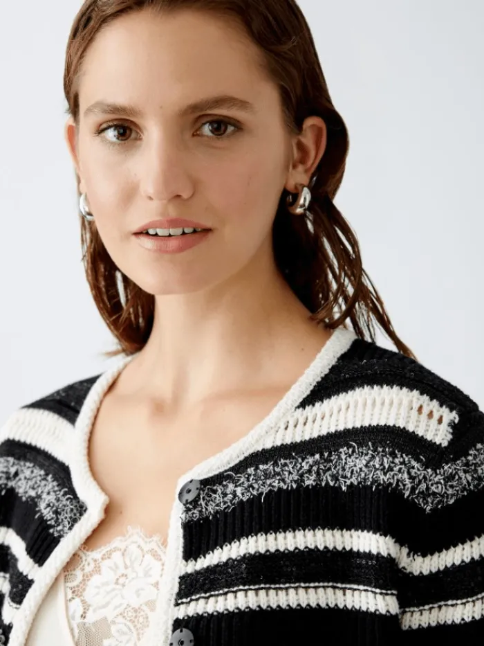 oui_womens_cardigan_in_bl_2.webp Oui Knitwear | Gifts Under £250^Women's Cardigan In Black And White Stripes 90616 Col 0109