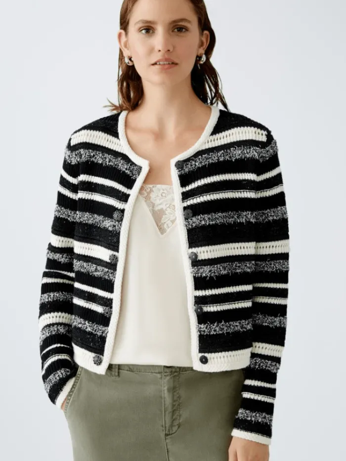 oui_womens_cardigan_in_bl_3.webp Oui Knitwear | Gifts Under £250^Women's Cardigan In Black And White Stripes 90616 Col 0109