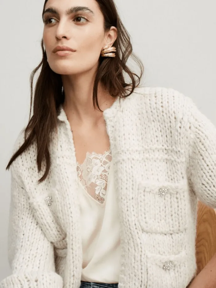 oui_womens_chunky_knit_ca_4.webp Oui Knitwear | Gifts Under £250^Women's Chunky Knit Cardigan In Light Beige Melange 90614 Col 7065