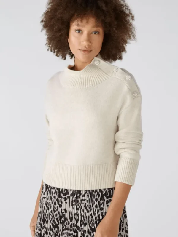 Oui Knitwear | Gifts Under £250^Women's Jumper With Rhinestone Buttons In Off White 89178 Col 1021