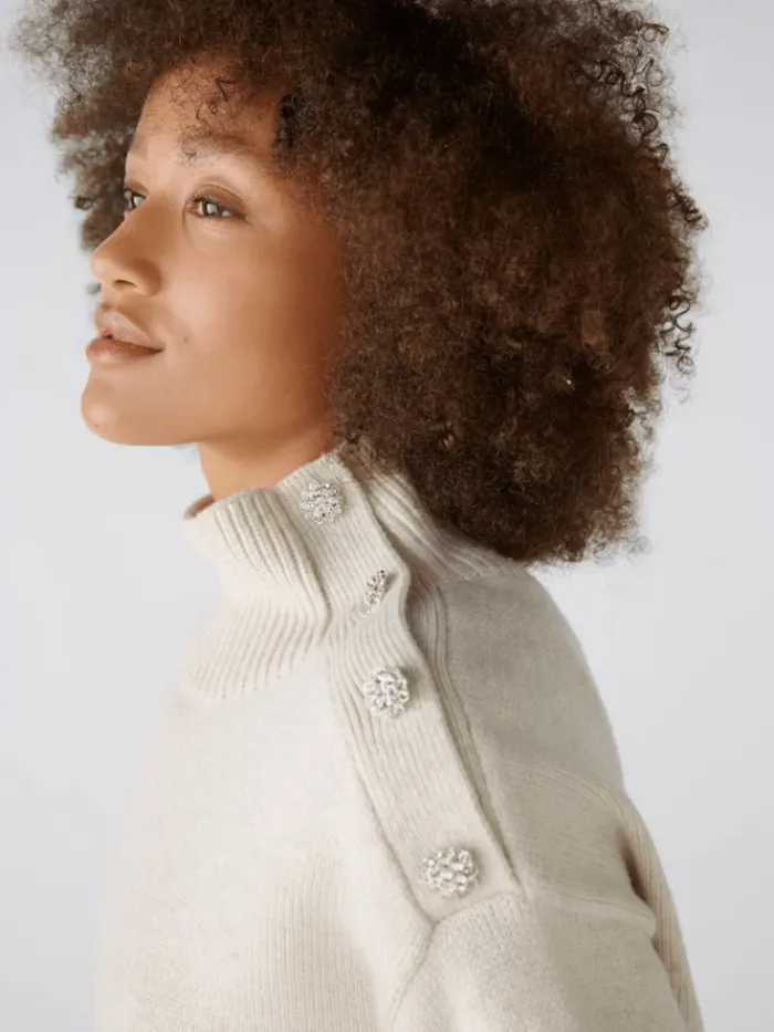 oui_womens_jumper_with_rh_3.webp Oui Knitwear | Gifts Under £250^Women's Jumper With Rhinestone Buttons In Off White 89178 Col 1021