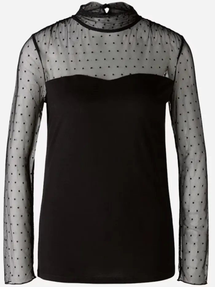 oui_womens_long_sleeved_t_0.webp Oui Party Wear | Tops^Women's Long Sleeved Top In Black With Mesh Detail 89010 Col 9990