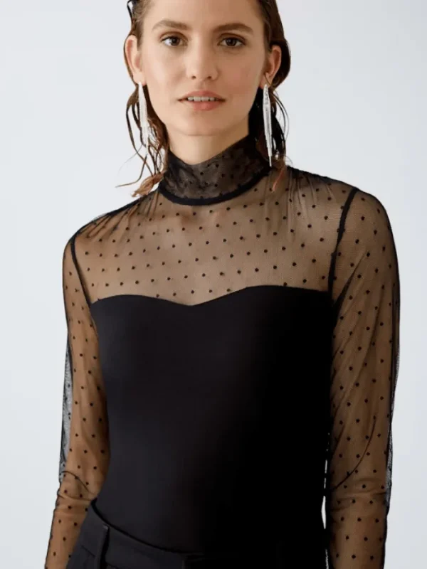Oui Party Wear | Tops^Women's Long Sleeved Top In Black With Mesh Detail 89010 Col 9990