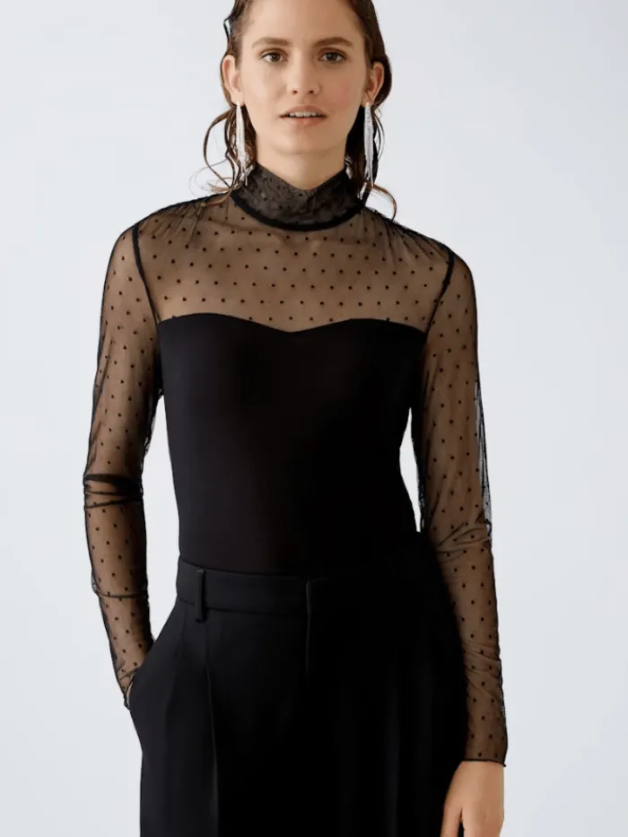 oui_womens_long_sleeved_t_2.webp Oui Party Wear | Tops^Women's Long Sleeved Top In Black With Mesh Detail 89010 Col 9990