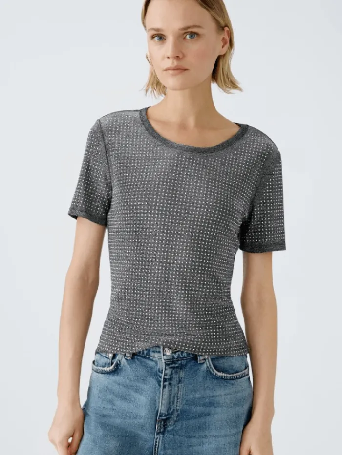 oui_womens_short_sleeved__3.webp Oui Tops | T-Shirts^Women's Short Sleeved Black Glitter T Shirt 90687 Col 9990