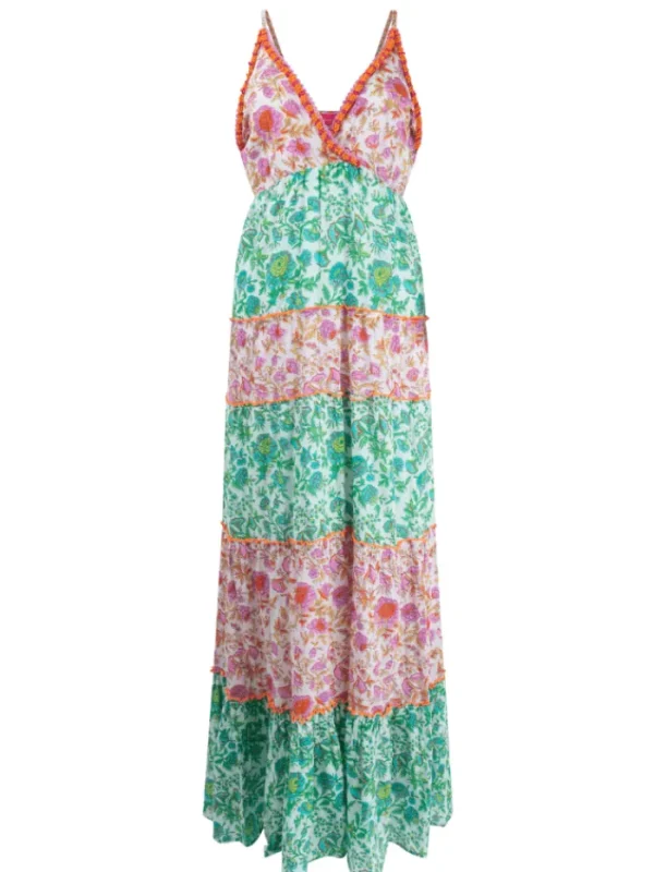 Place du Soleil Dresses | Beachwear^Tiered Maxi Dress In Green And Rosa Flowers S24 436