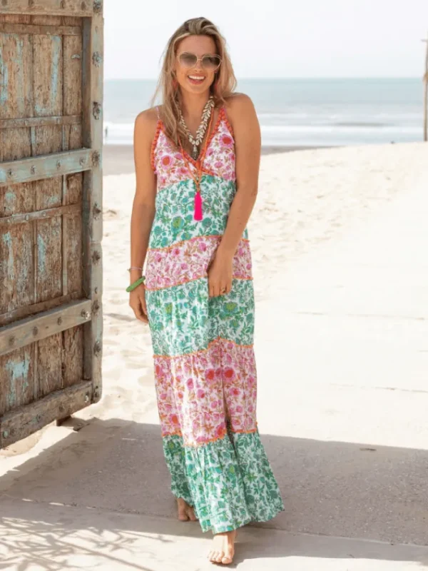 Place du Soleil Dresses | Beachwear^Tiered Maxi Dress In Green And Rosa Flowers S24 436