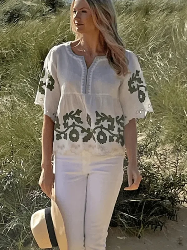 Rose And Rose Tops | Gifts Under £100^ALASSIO Appliqued Embroidered Top In White And Olive