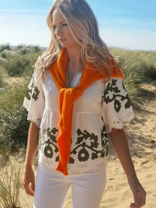 Rose And Rose Tops | Gifts Under £100^ALASSIO Appliqued Embroidered Top In White And Olive