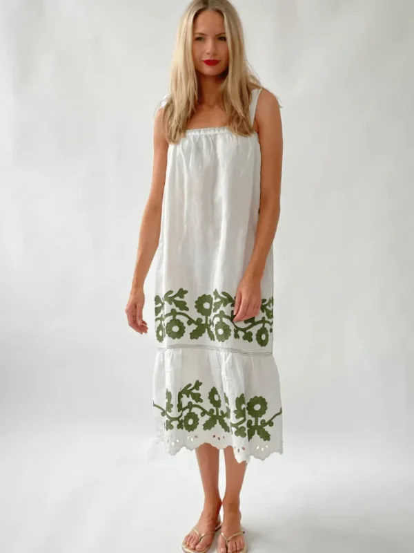 Rose And Rose Dresses | Gifts Under £100^ALBA Appliqued Sleeveless Sun Dress In White And Olive