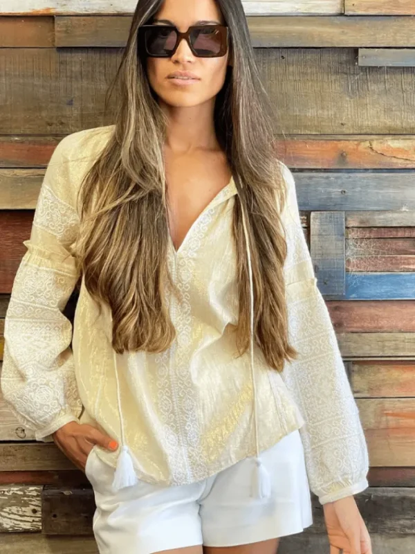 Rose And Rose Tops | Gifts Under £100^CAPRI Gold And White Long Sleeved Embroidered Top