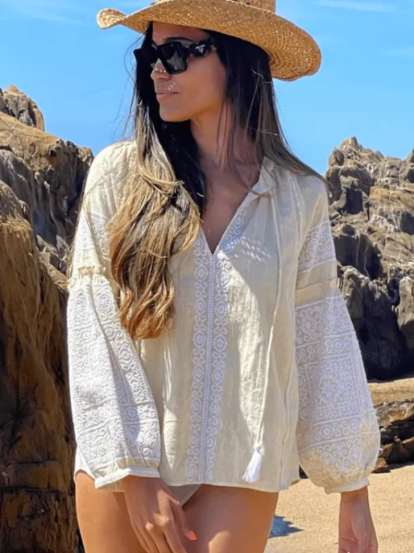 Rose And Rose Tops | Gifts Under £100^CAPRI Gold And White Long Sleeved Embroidered Top