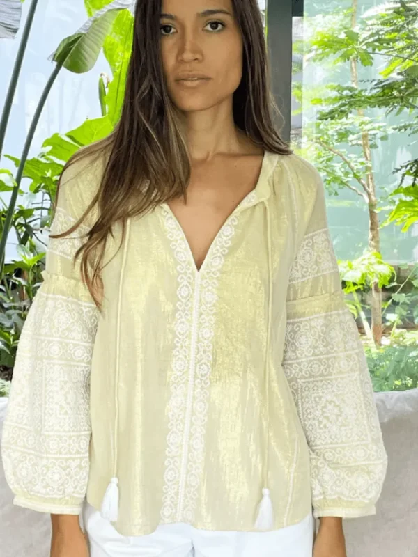 Rose And Rose Tops | Gifts Under £100^CAPRI Gold And White Long Sleeved Embroidered Top