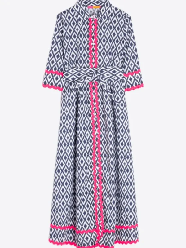 Vilagallo Dresses | Gifts Under £250^Women's BRENDA Blue Ikat Print Midi Shirt Dress 32309