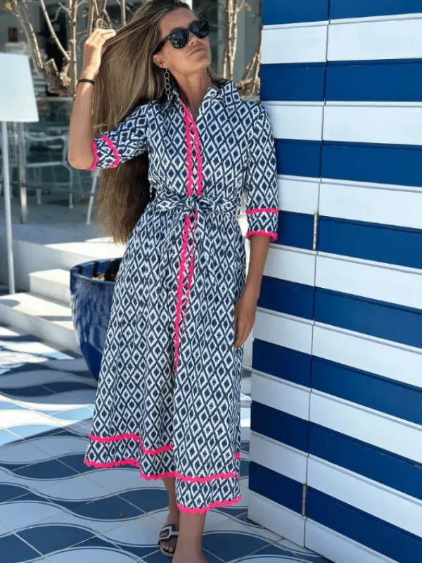 Vilagallo Dresses | Gifts Under £250^Women's BRENDA Blue Ikat Print Midi Shirt Dress 32309