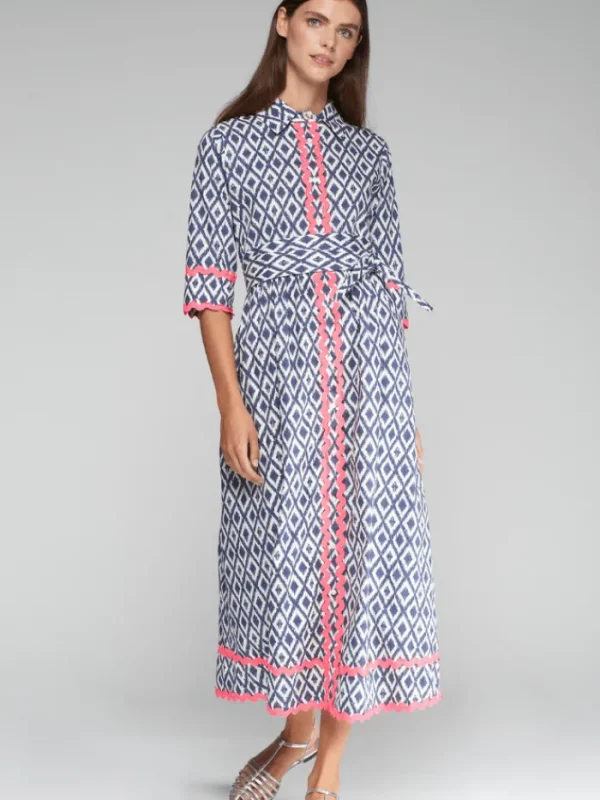 Vilagallo Dresses | Gifts Under £250^Women's BRENDA Blue Ikat Print Midi Shirt Dress 32309