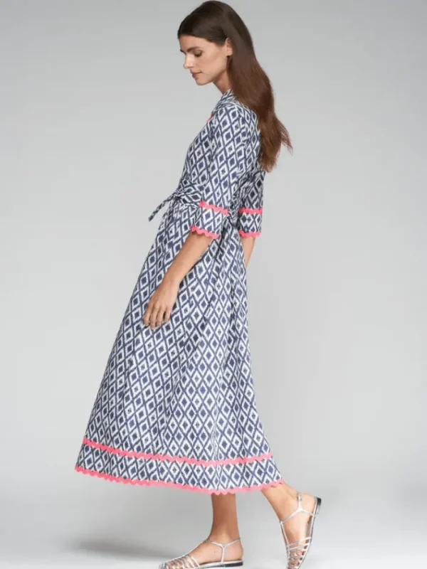 Vilagallo Dresses | Gifts Under £250^Women's BRENDA Blue Ikat Print Midi Shirt Dress 32309