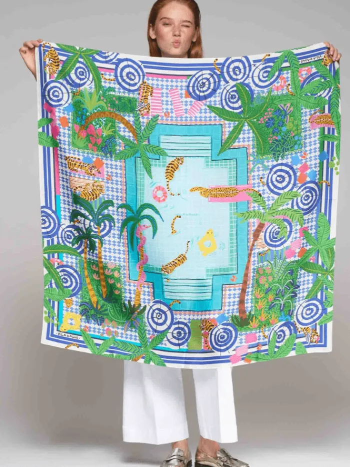 vilagallo_womens_foulard__1.webp Vilagallo Scarves & Gloves | Gifts Under £250^Womens' FOULARD Piscina Tropical Print Silk Scarf 32488